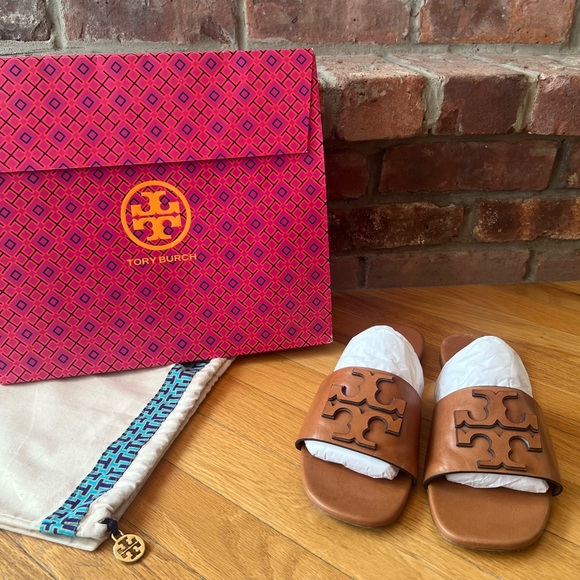 Tory Burch Tan Ines Leather Single-Band Slide Sandals - Picture 2 of 11
